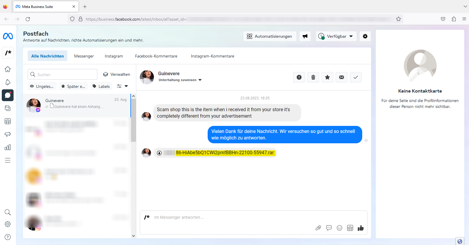 Facebook-Phishing - Beispiel einer betrügerische Facebook-Messenger-Nachricht mit einem angehängten RAR-Archiv, das eine Batchdatei beinhaltet.
