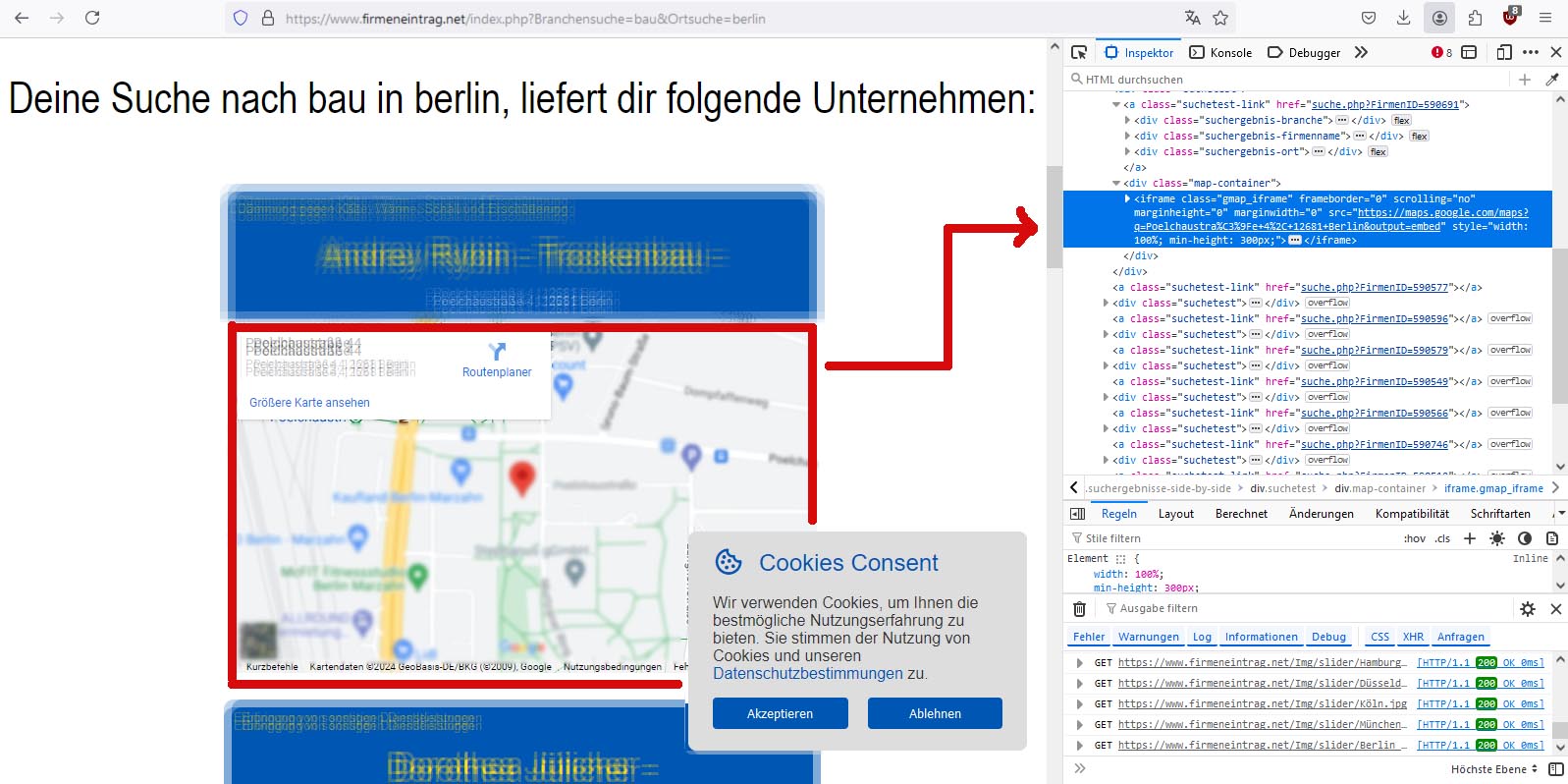 Abb. 3: Google Maps ist lediglich und nicht DSGVO-konform per iFrame eingebettet, das Branchenbuch ist nicht SEO-optimiert und führt bei einer Google-Suche zu keinem Ergebnistreffer.